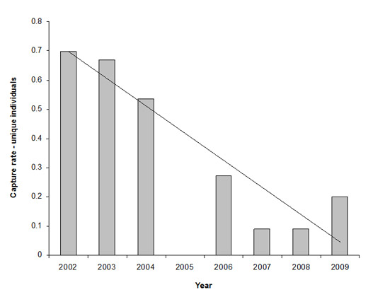Monitoring results for the Grassland Earless Dragon at the Majura Training Area, ACT, 2002-2009, with trend line (no data are available for 2005)