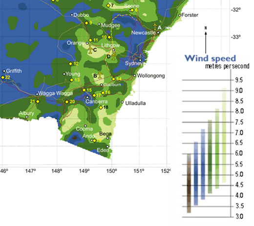 Wind speeds in the Canberra region in metres per second (m/s)