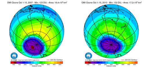  Antarctic ozone hole maps for 2007 and 2010