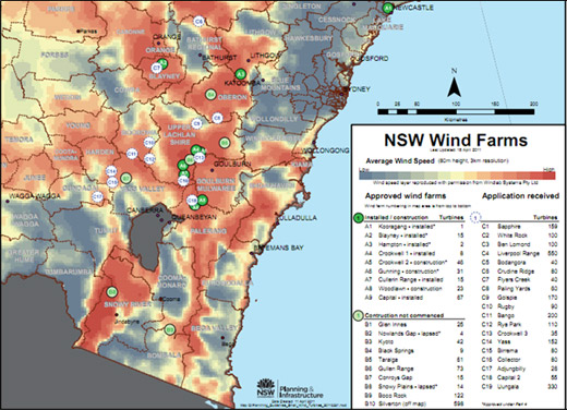 Wind farms in south-eastern NSW