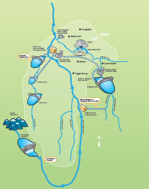 Water supply network and dam catchments that provide water to the ACT