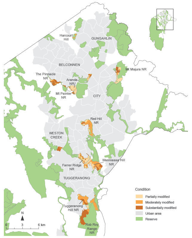The map shows that in 2001–2004 the majority of ACT lowland woodland was classified as moderately modified, followed by substantially modified and partially modified.