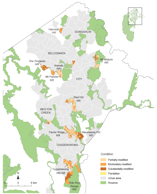 The map shows that in 2012–2013 the majority of ACT lowland woodland was classified as partially modified, followed by substantially modified and moderately modified.