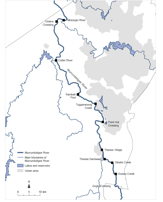 The map shows the flow of the Murrumbidgee River through the ACT, going from Angle Crossing and Guises Creek in the south to Uriarra Crossing and the Molonglo River in the north.