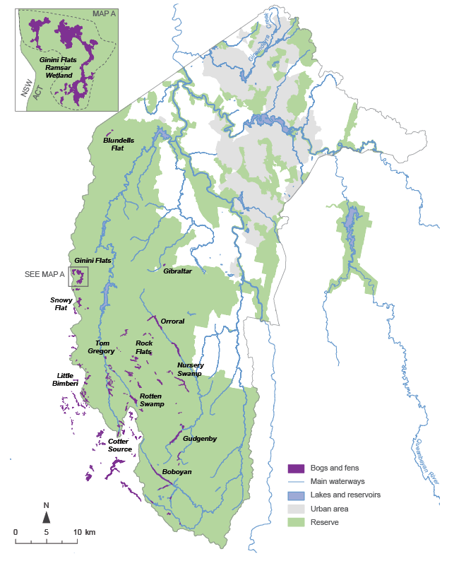 The map shows the location of ACT sphagnum bogs and fens ecological communities, which are generally found in the south of the state, including at Cotter Source Bog, Cotter Flats, Ginini and Cheyenne Flats, Rock Flats, Rotten Swamp, Scabby Range Lake, Snowy Flats, Nursery Swamp, upper Cotter River and the Upper Naas Creek.