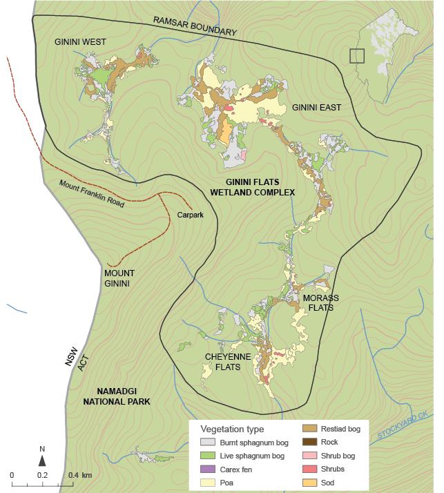 The map shows the Ginini Ramsar wetland, which is situated next to Mount Ginini and includes Ginini west, Ginini east, Morass Flats and Cheyenne Flats.