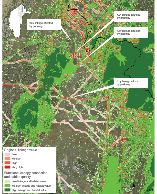 The map shows key woodland habitat and linkages across the ACT, showing the main north–south linkages that exist through areas of partially modified lowland woodland.
