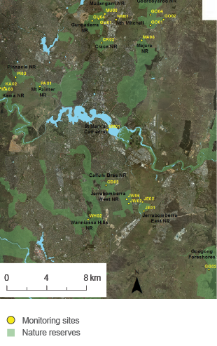 The map shows that the 24 monitoring plots used in a 2014 research project which examined trends in a range of floristic and vegetation structure attributes were located across grasslands and grassy woodlands of the ACT. Plots were particularly situated in the north and south of the state.
