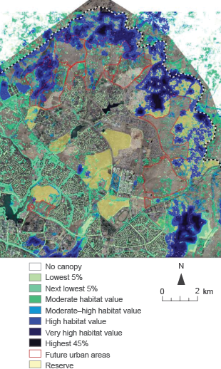 The map shows most of the high-value general habitat is in the northern areas of Gungahlin, in Mulligans Flat and Goorooyarroo nature reserves, the northern lease area and Kinlyside.