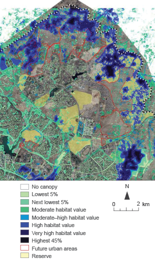 The map shows most of the high-value woodland habitat is in the northern areas of Gungahlin, in Mulligans Flat and Goorooyarroo nature reserves, the northern lease area and Kinlyside.