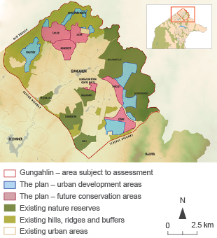 The map shows the location of the Gungahlin Strategic assessment area and areas designated for development (mainly in the north and south-east of the area) and conservation (mainly on the edges of the area). 