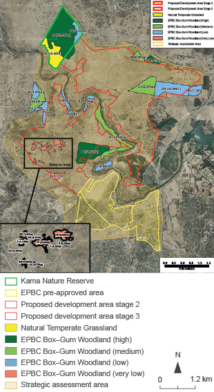 The map shows that box–gum woodlands occur in the north and centre of the Molonglo Valley, some of which are affected by the proposed east Molonglo development area.