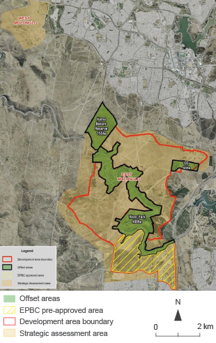 The map shows the areas in the ACT which will be used to offset the impact of development of box–gum woodland and Pink-Tailed Worm Lizard habitat.