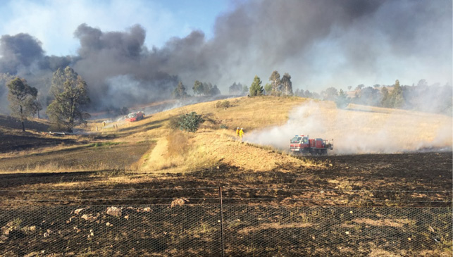 Two firefighting teams with a fire truck each are burning off a grassy hillside. Thick grey smoke is billowing into the sky.