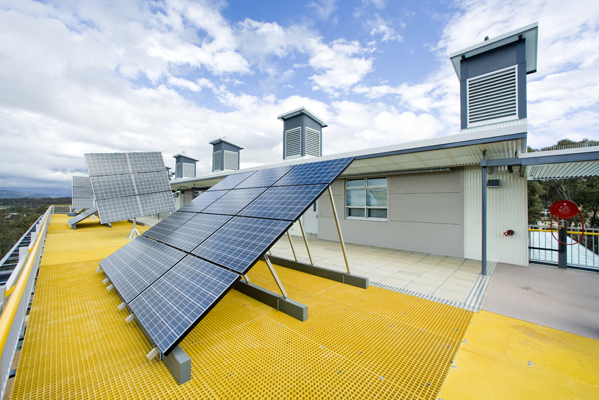 Solar panels on the roof of the Sustainable Skills Hub, Canberra Institute of Technology, Bruce. Photo: ACT Government 