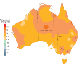Distribution of annual average temperature change across Australia since 1910.