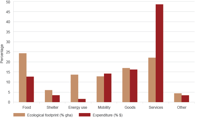 The graph compares the ecological footprint of various categories of consumption in the ACT, to the expenditure made in those areas. It shows that while food has the largest consumption footprint, the percentage of expenditure on food is almost half the footprint. Conversely, the percentage of expenditure on services is almost double the footprint.
