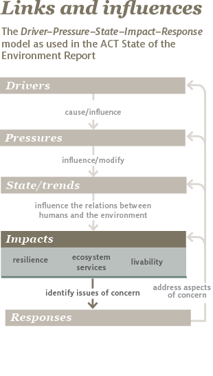 The infographic shows the Drivers, Pressures, State and trends, Impacts and Responses (DPSIR) model around which the report is built. It shows that impacts are about resilience, ecosystem services, and livability.