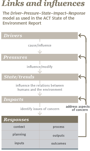 The infographic shows the Drivers, Pressures, State and trends, Impacts and Responses (DPSIR) model around which the report is built. It shows that responses are about context, planning, inputs, process, outputs and outcomes