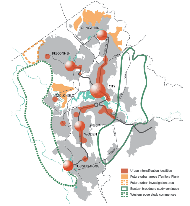 The map shows the areas in the ACT that are being considered for urban intensification (existing urban areas), future urban areas (to the north and west of the state), and areas of study in the east and west.