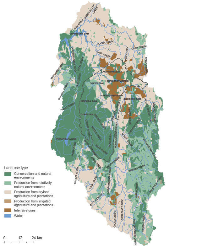 The map shows that the majority of land in the Upper Murrumbidgee catchment and the ACT is kept for conservation and natural environments, followed by production from dryland agriculture and plantations, production from relatively natural environments, and finally intensive uses.