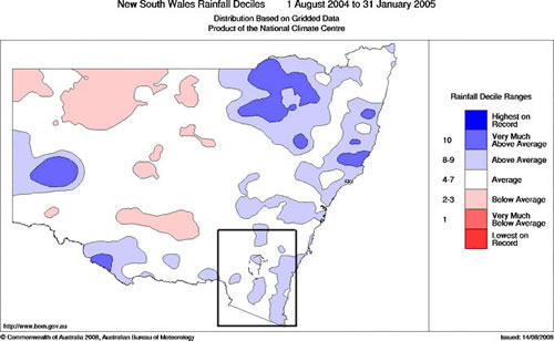 NSW rainfall deciles 1 August 2004 to 31 January 2005