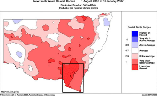 NSW rainfall deciles 1 August 2006 to 31 January 2007