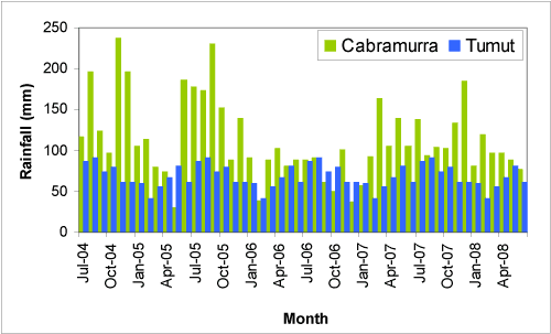 Figure 2. Monthly rainfall at Cabramurra (green) and Tumut (blue) (mm) for the period July 2000-June 2004.