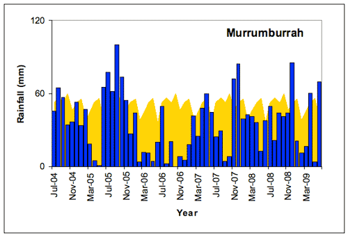 Figure 1. Murrumburrah monthly rainfall totals (blue bars) compared with the long-term monthly mean rainfall shown in yellow (all in mm) July 2004-June 2009.