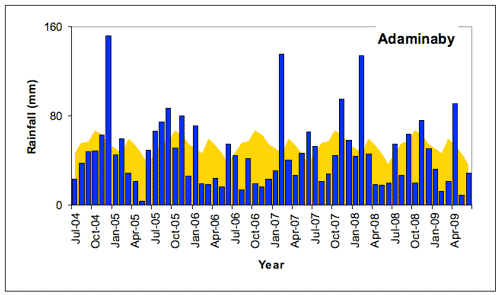 Figure 1. Adaminaby monthly rainfall totals (blue bars) compared with the long-term monthly mean rainfall shown in yellow (all in mm) July 2004-June 2009. 