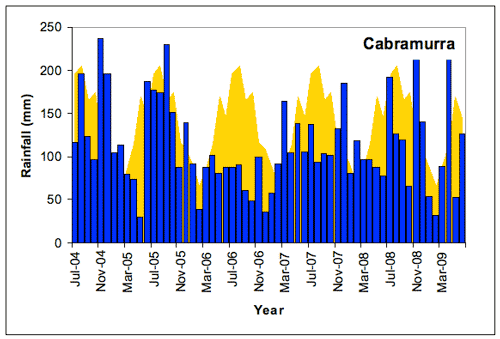 Figure 1. Cabramurra (a) and Tumut (b) monthly rainfall totals (blue bars) compared with the long-term monthly mean rainfall shown in yellow (all in mm) July 2004-June 2009.