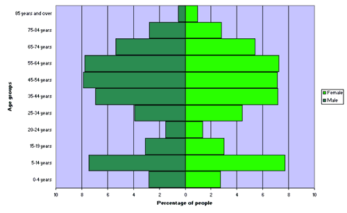 Figure 2. Age and sex distribution, Upper Lachlan Council Area, 2006